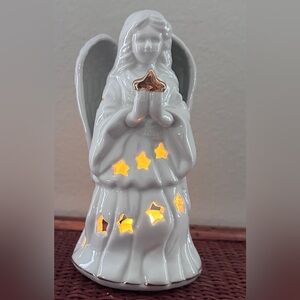 White Ceramic Angel Luminary Candle Holder Pierced Star Decor 7.5”